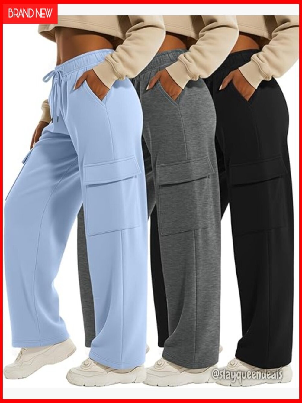 3 Pack Women's Cargo Sweatpants Wide Leg Baggy Joggers 4 Pockets